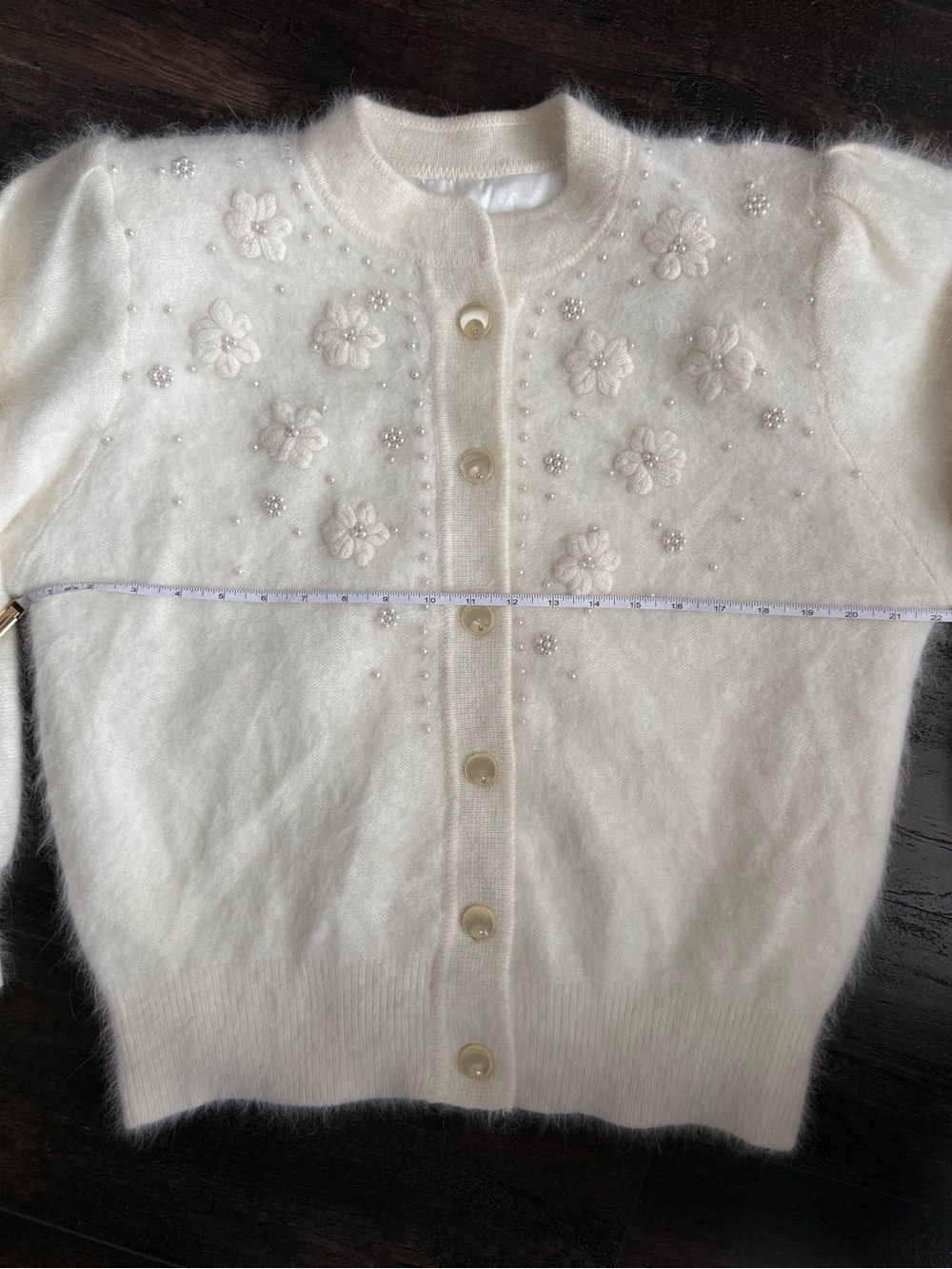 Vintage Ivory Angora Blend Cardigan Pearl Floral Embellished Sweater - Picture 8 of 10